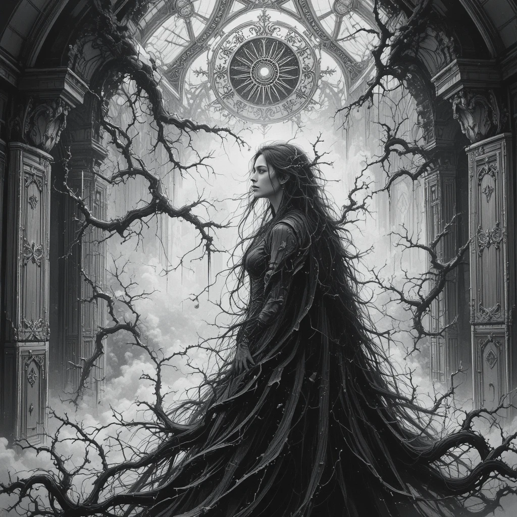 Seduttiva donna dark fantasy in drammatico ritratto a inchiostro