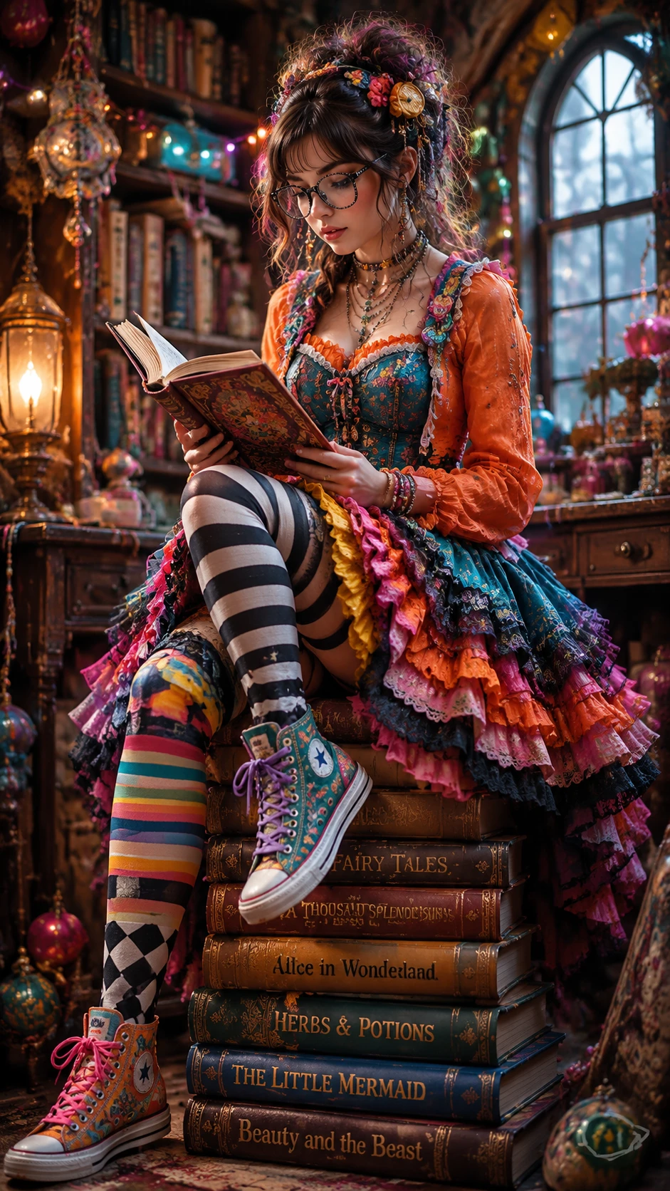 Colorful girl reading on a towering stack of books