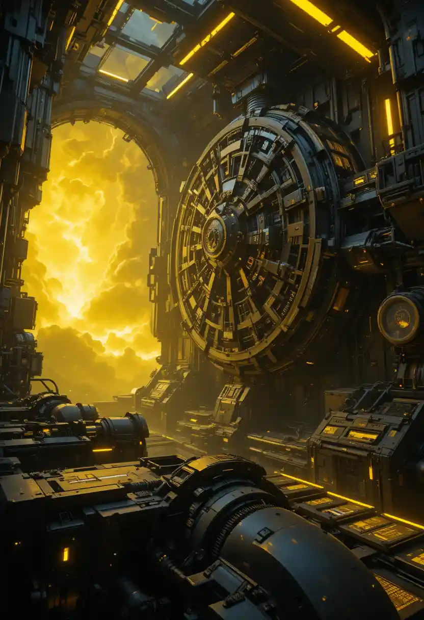 Futuristic black gears turning in glowing yellow space