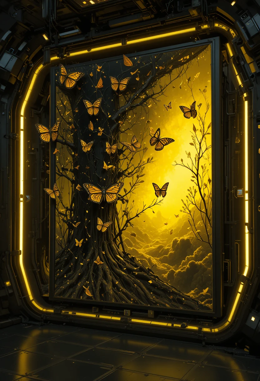 Futuristic Museum With Monarch Butterflies And Neon Cosmic Void