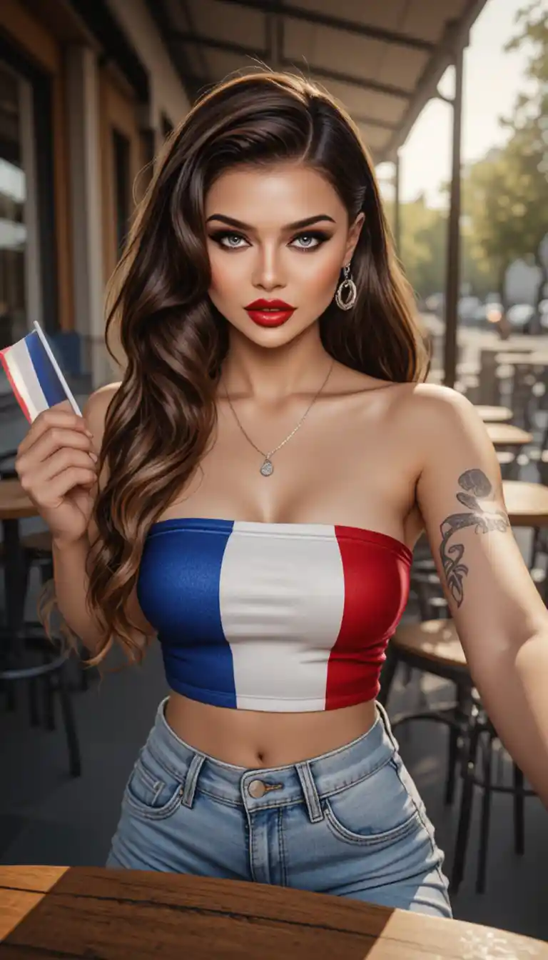 French themed selfie of tattooed blonde woman at cafe