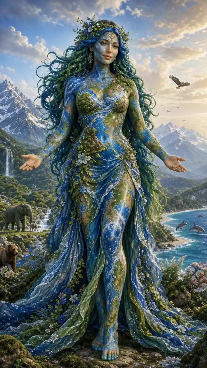 Woman personifying Earth with flowing blue and green hair