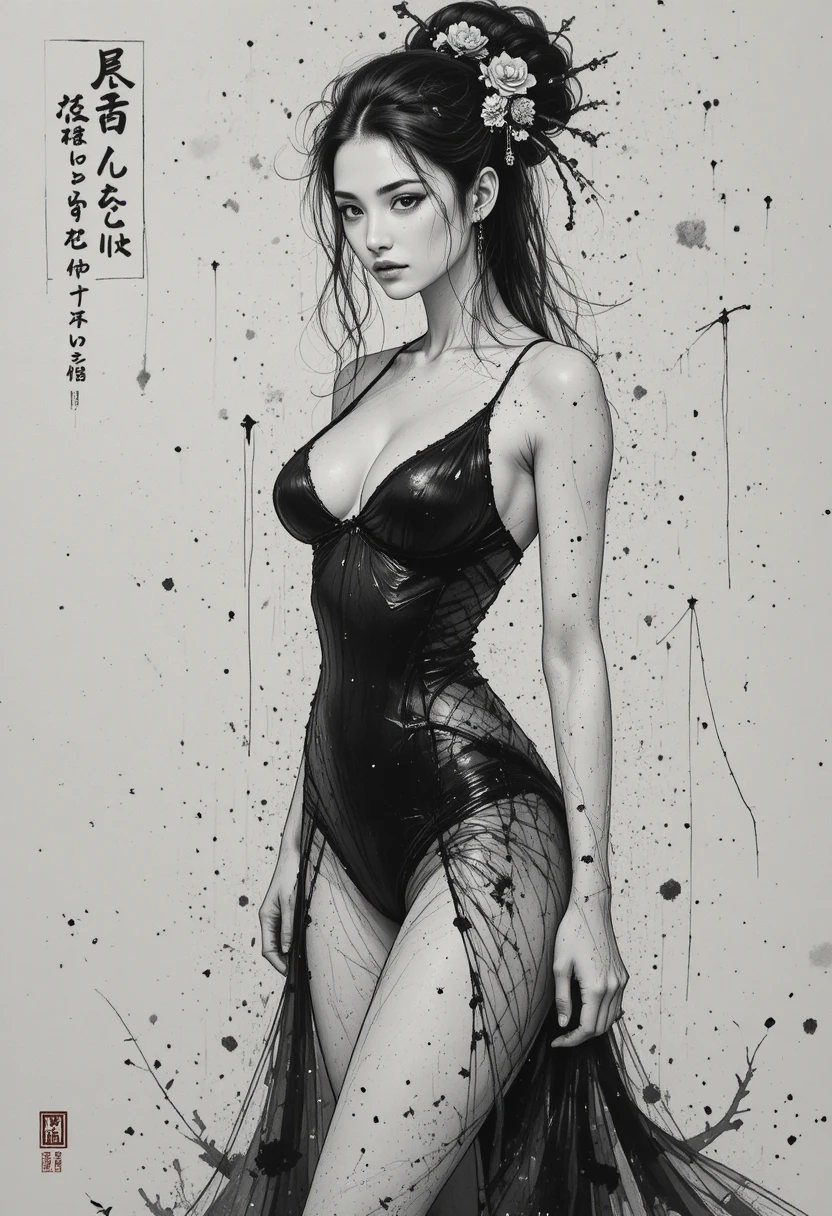 Elegante ritratto a inchiostro di una oiran in monokini