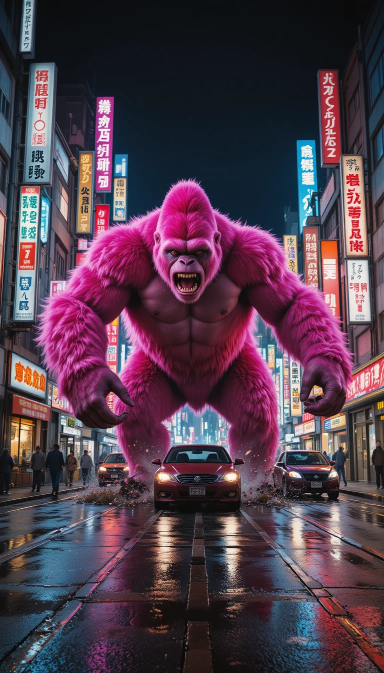Giant pink gorilla rampaging through neon lit Ginza streets