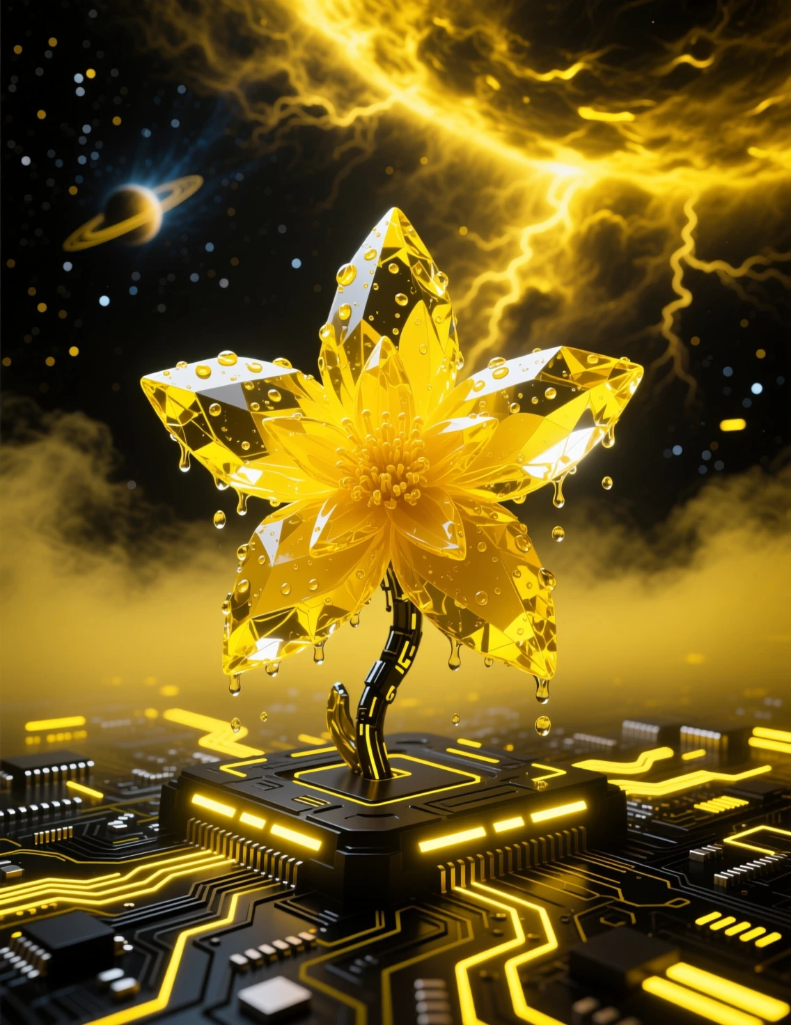 Futuristic yellow abstract flower glowing in dark space