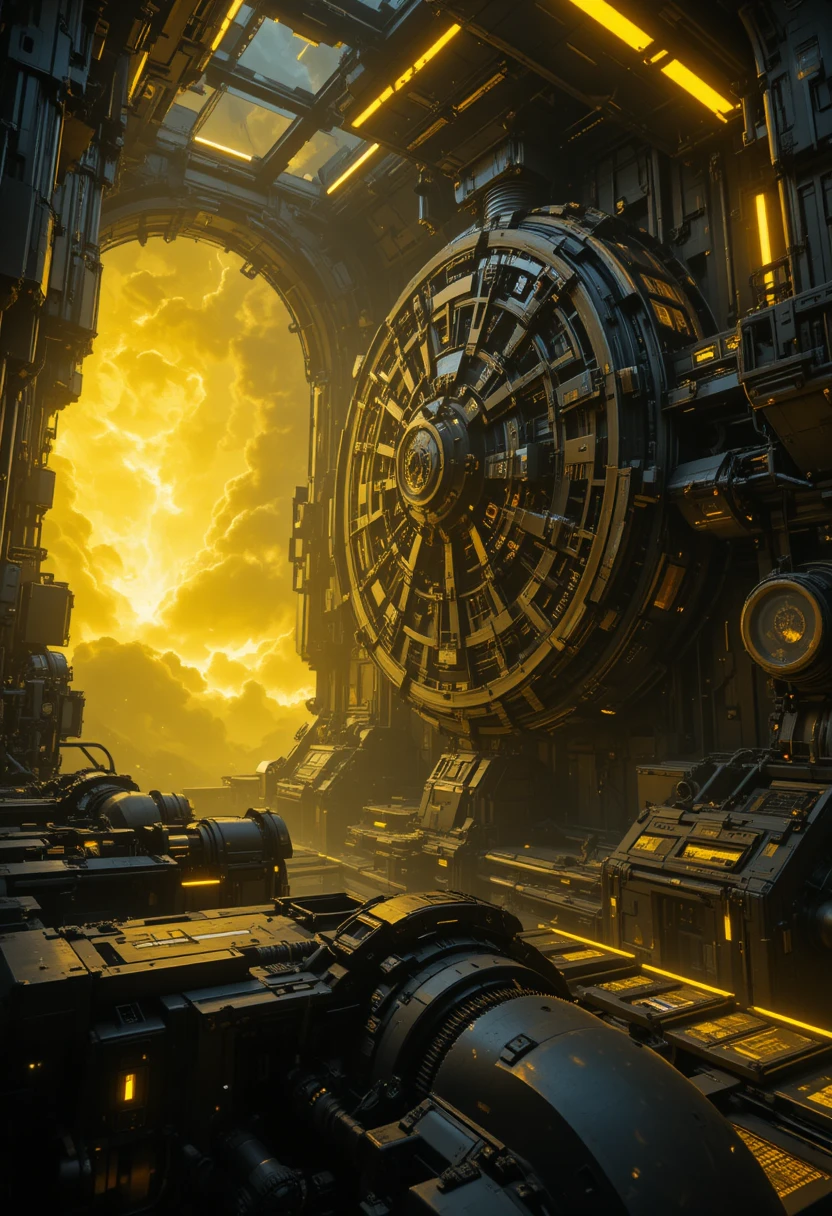 Futuristic black gears turning in glowing yellow space