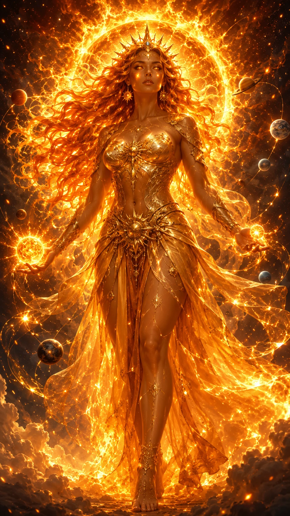 Mujer inspirada en el sol radiante con un aura ígnea y luminosa