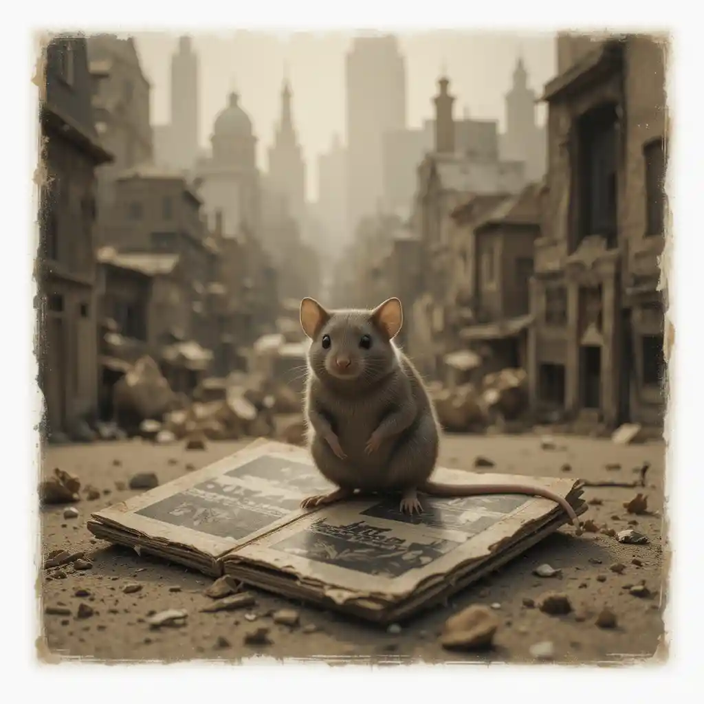Lonely mouse on old city photograph in realistic style