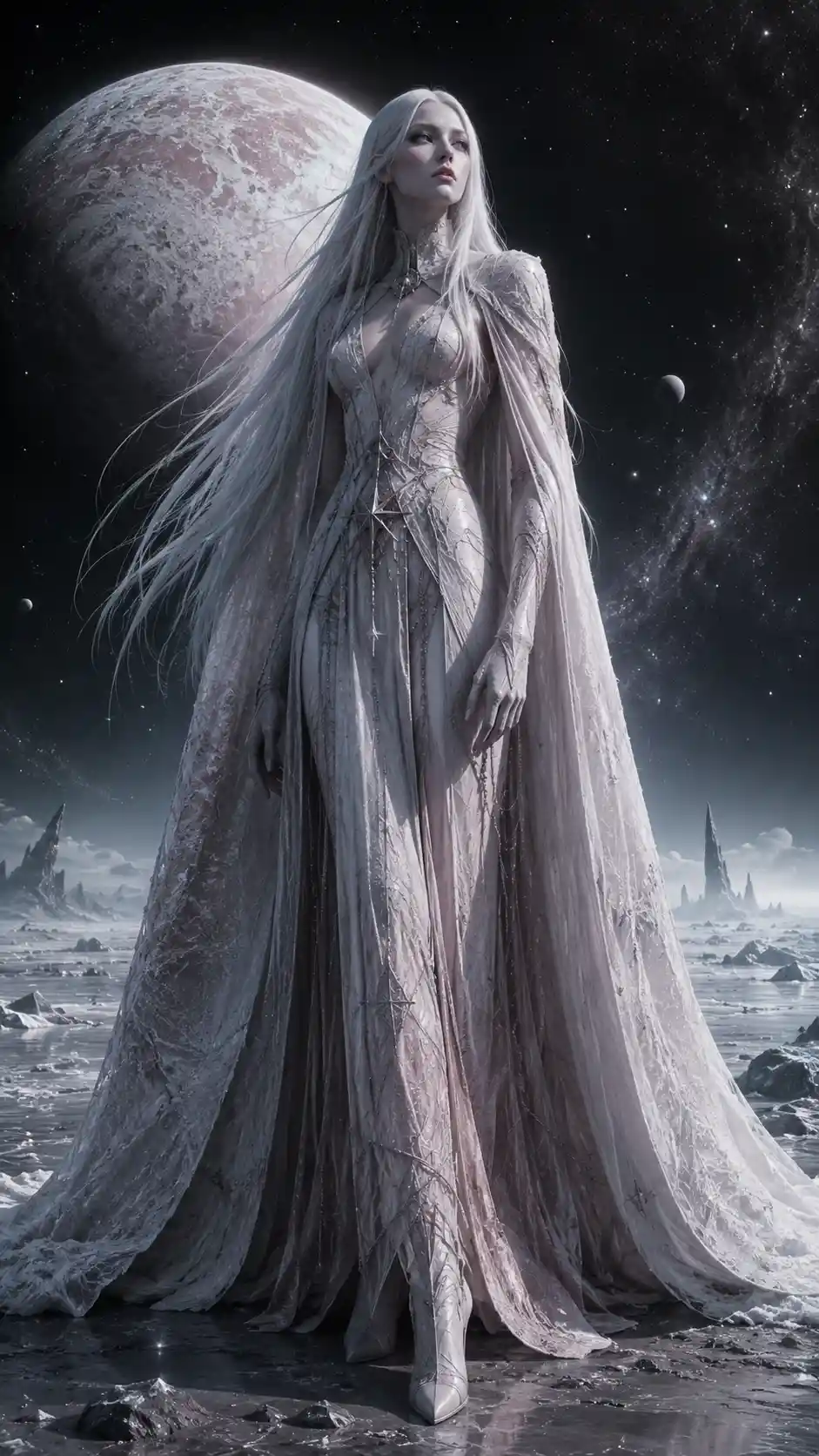 Tall icy woman embodying the distant dwarf planet Eris