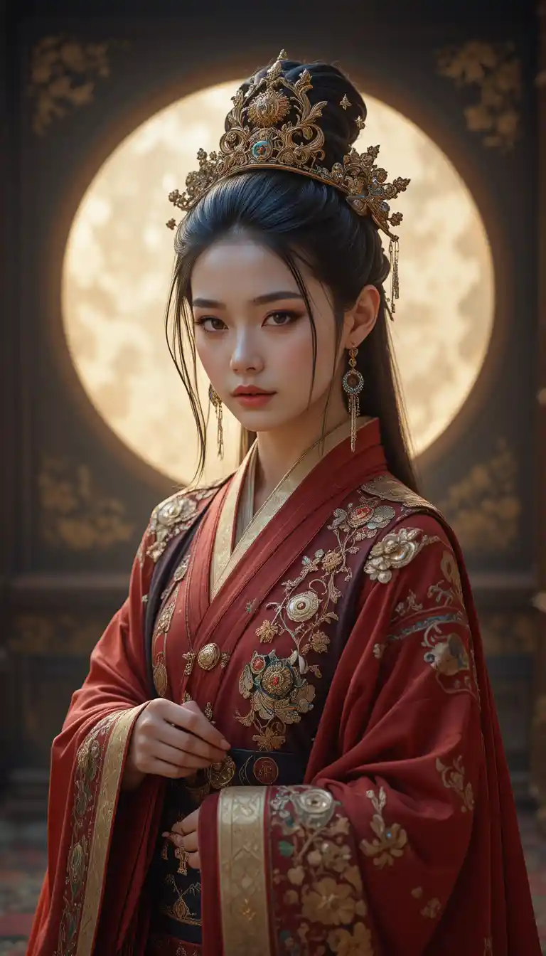 Regal oriental woman in black and gold palace portrait