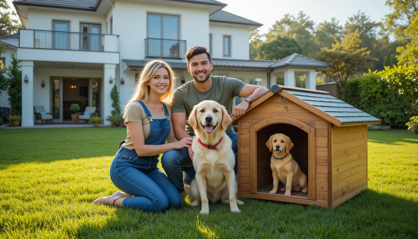 Happy couple with golden retriever in sunny backyard