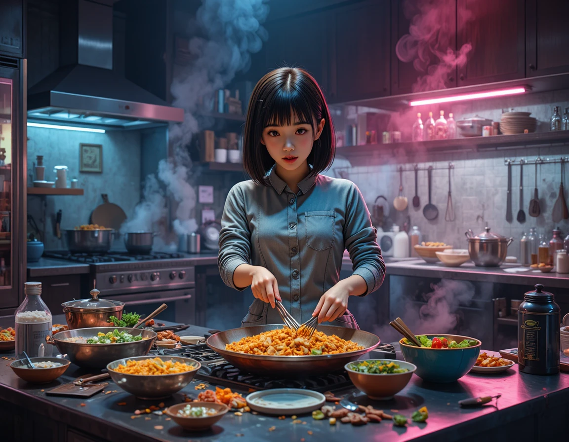 Giovane ragazza che cucina una cena coreana in una cucina illuminata al neon