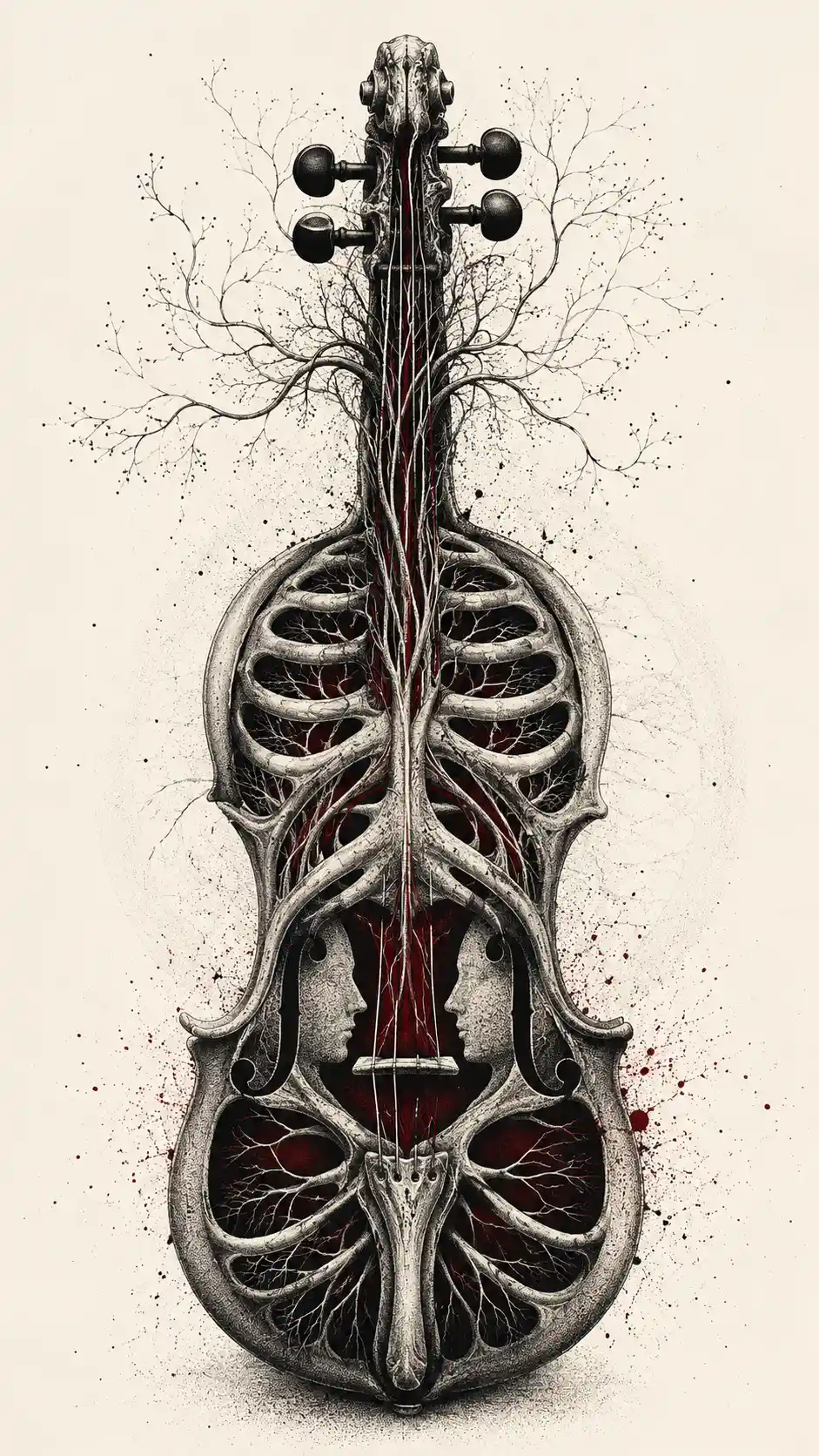 Surreal anatomical violin carved from a human rib cage