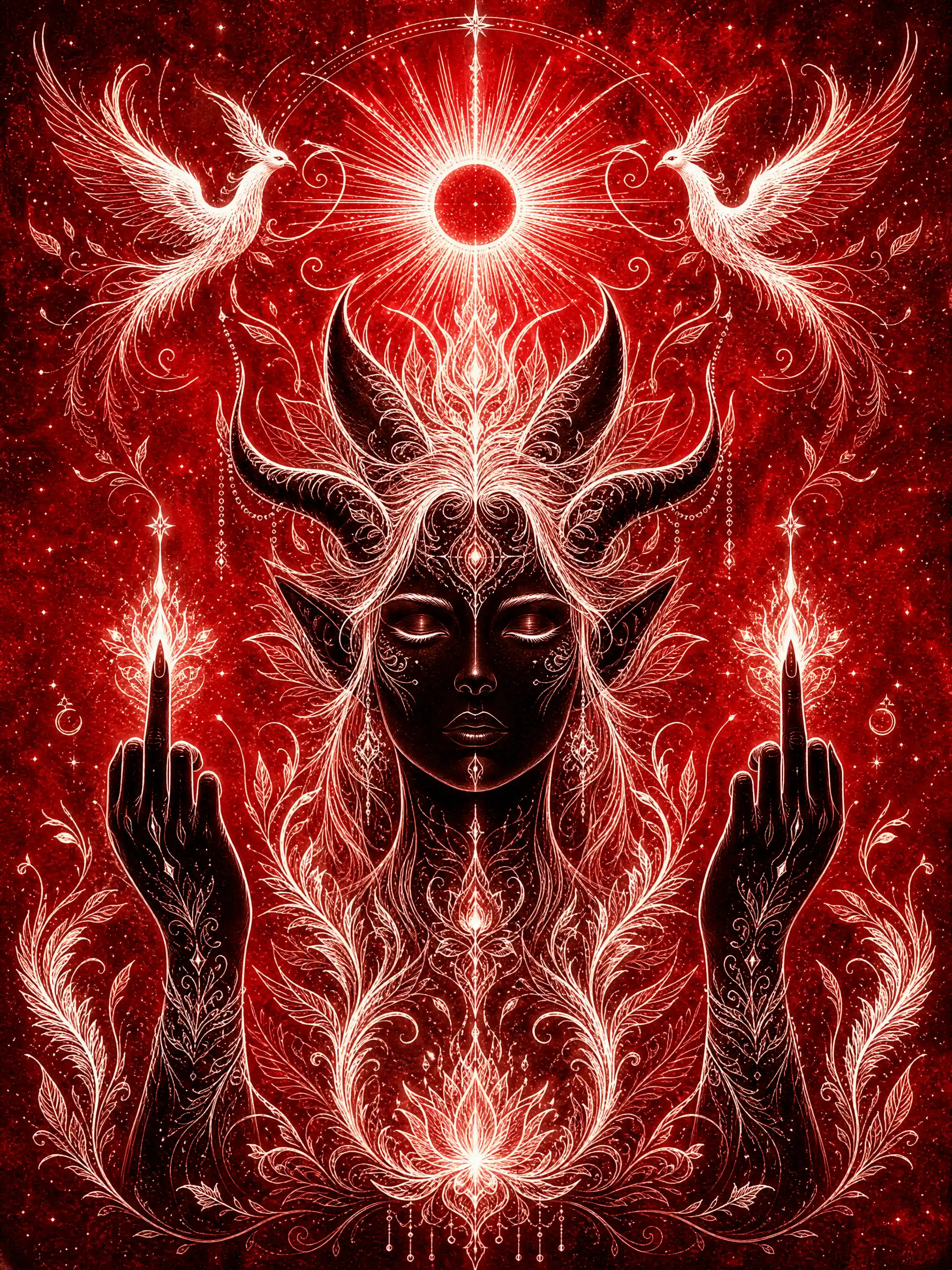 Symmetrical demoness portrait with radiant sacred line art