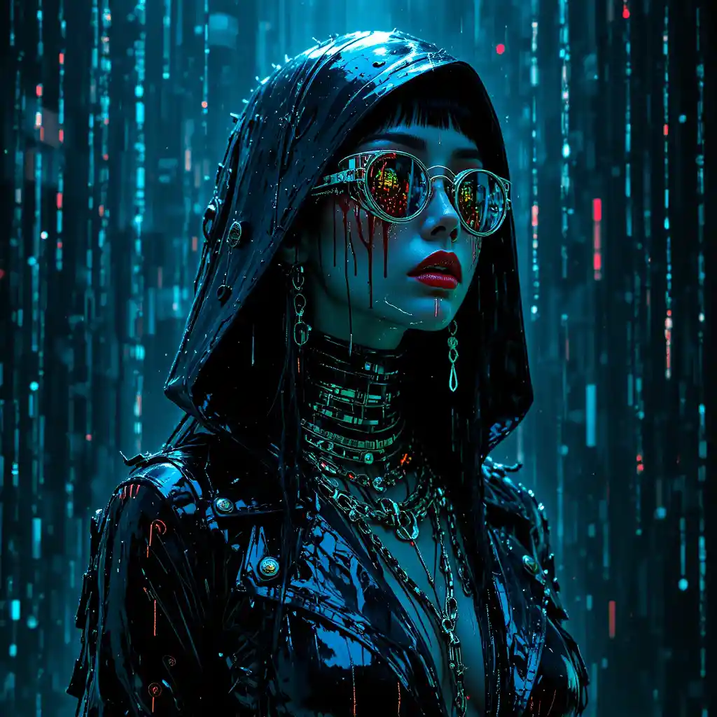 Cyber noir woman in glitching digital reality