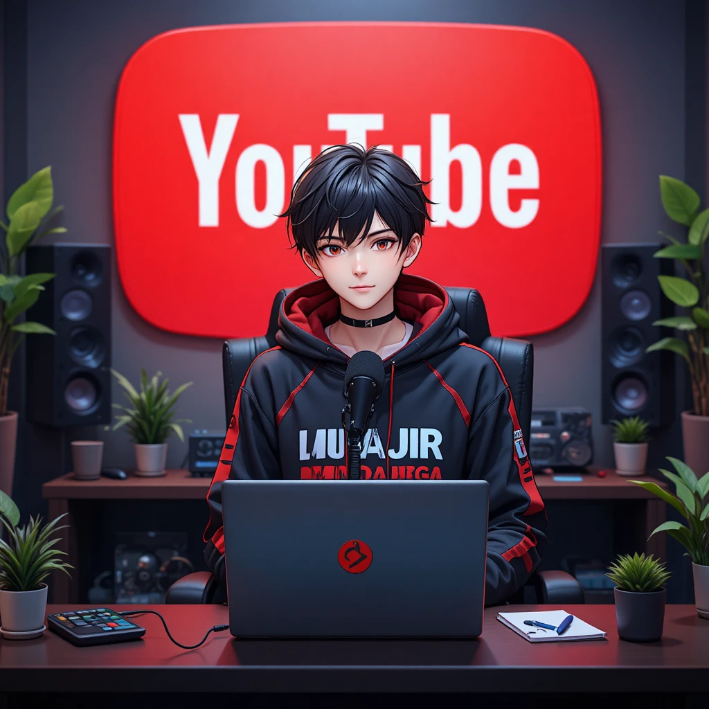 Anime boy streaming at a desk with microphone and laptop