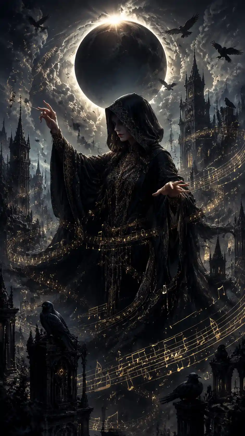 Hooded woman conducting an invisible orchestra under eclipse