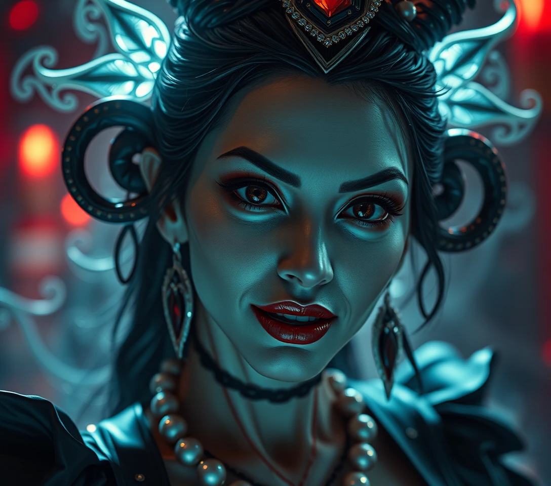 Surreal close up of a seductive illusion goddess in dramatic light