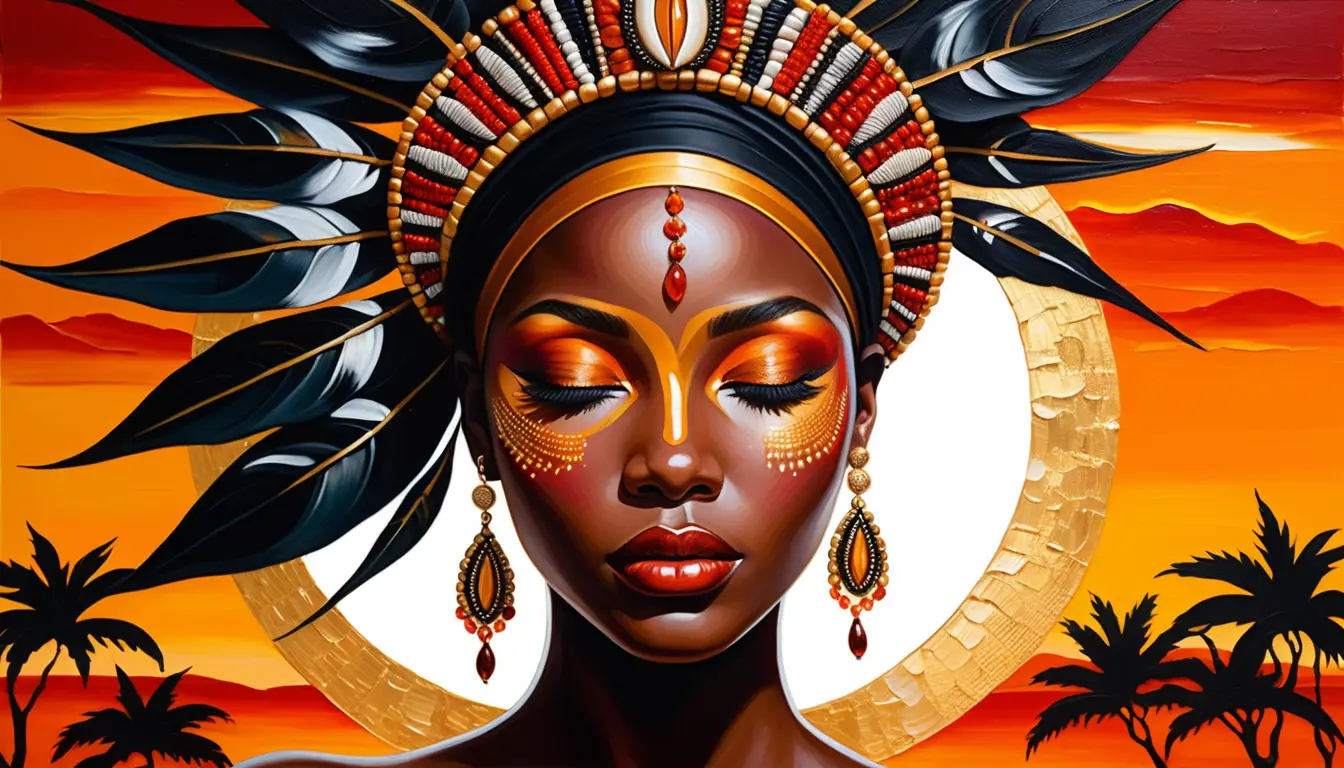 Serene Black woman portrait with gold beads and flowers
