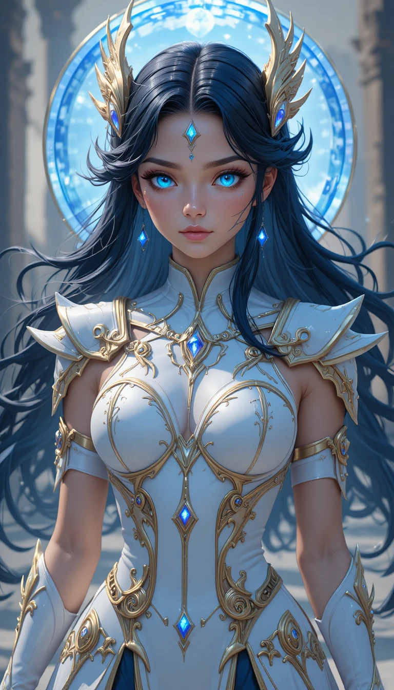 Anime dragon girl in glowing magical armor and symbols