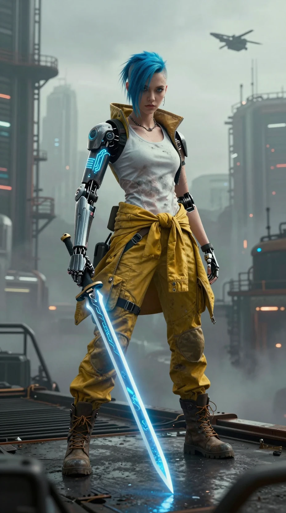 Cyberpunk warrior woman on a high city catwalk