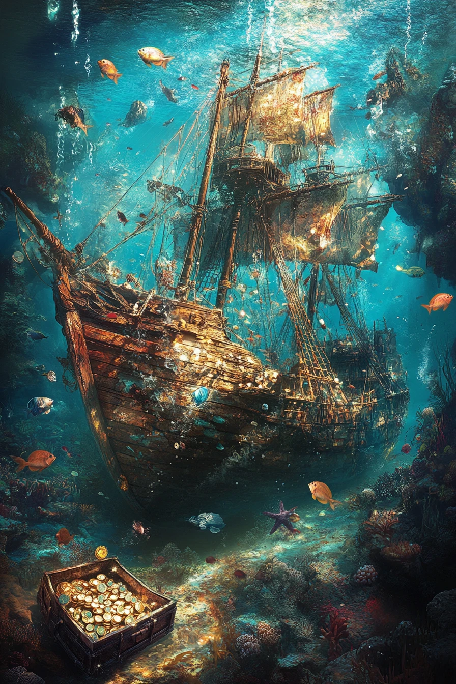 Ancient shipwreck with treasure chest in clear turquoise water
