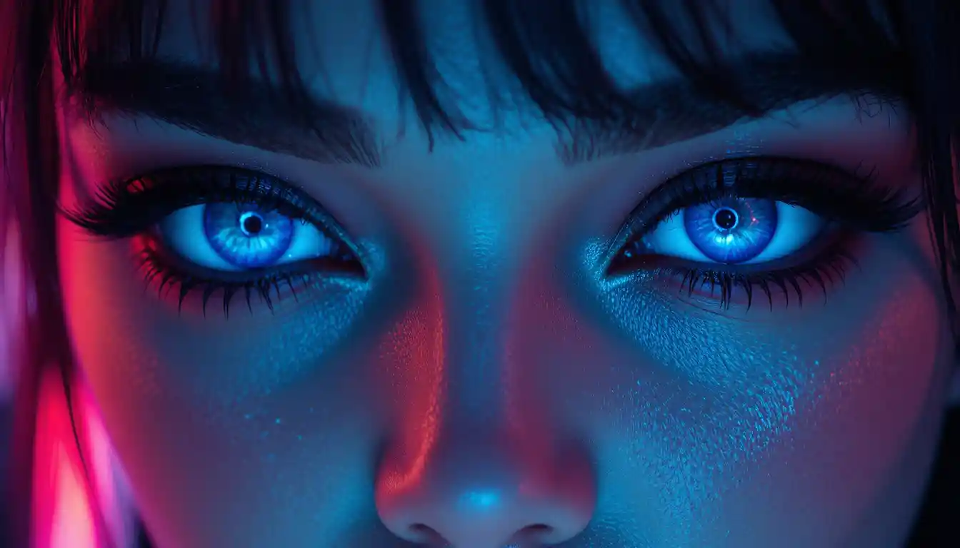 Macro close up of cybernetic woman eyes with blue glow