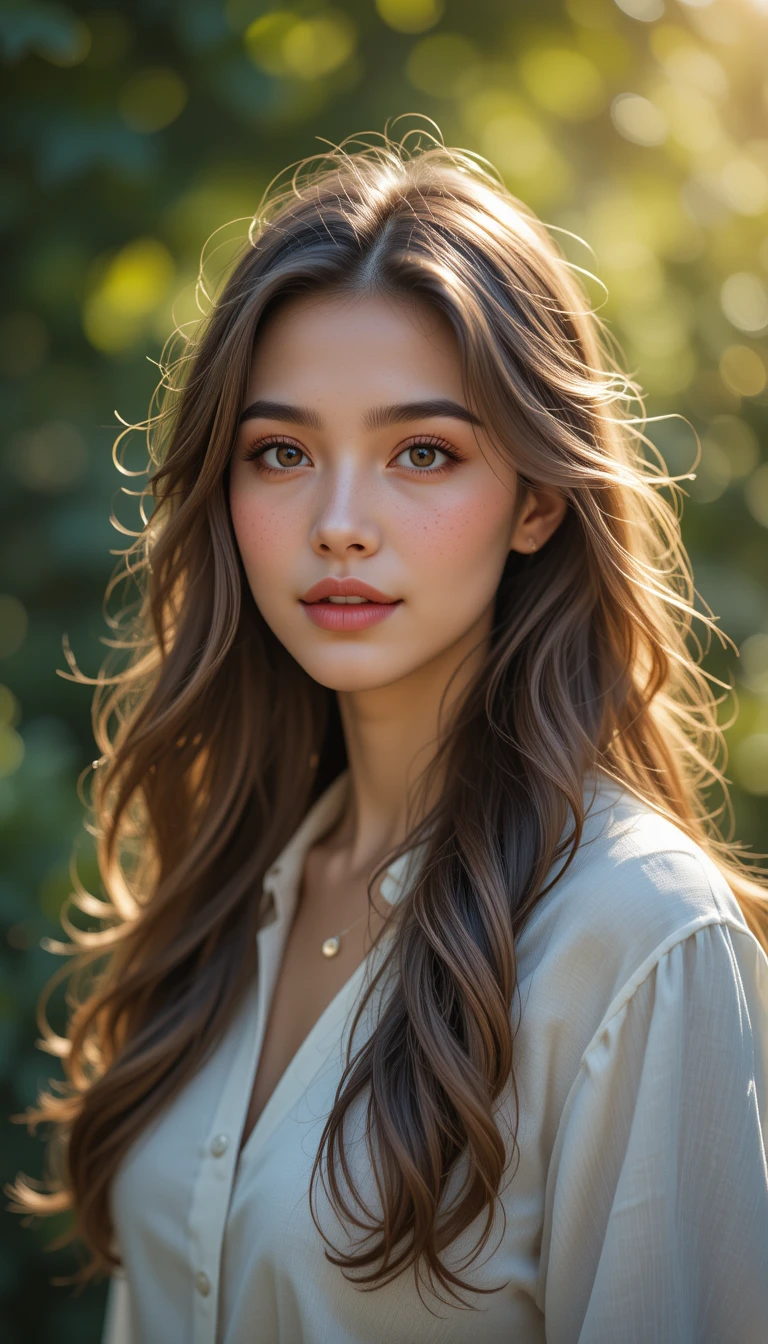 Warm portrait of a woman in a sunlit garden