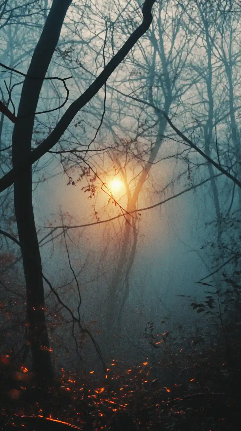 Campfire flames burning in a dark forest night