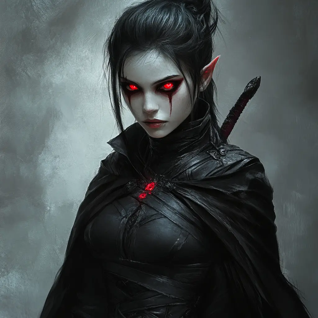 Dark fantasy rogue vampire woman with glowing daggers