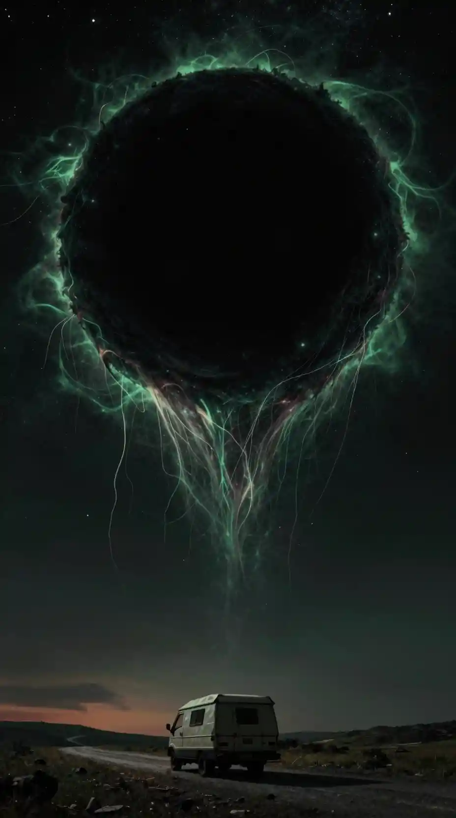 Kosmisches Horror-Poster mit leuchtendem schwarzem Kreis