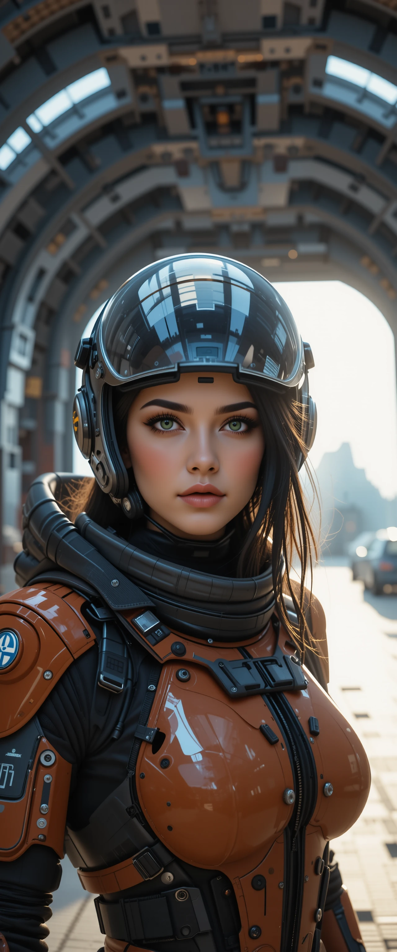 Woman in fighter suit waiting in a futuristic spaceport