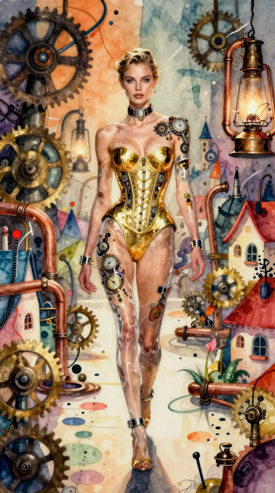Futuristic Victorian fashion show in a surreal village