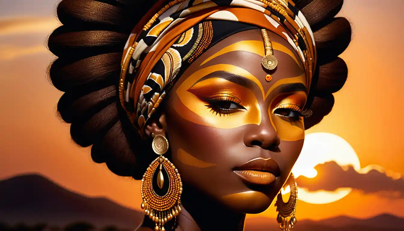 Serene Black woman portrait with gold beads and sunset halo