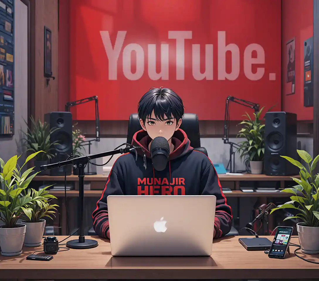 Anime boy streaming at computer desk with microphone