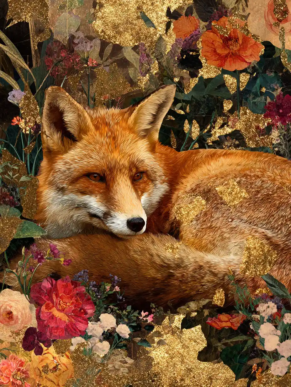Anthropomorphic fox relaxing peacefully in a vibrant garden