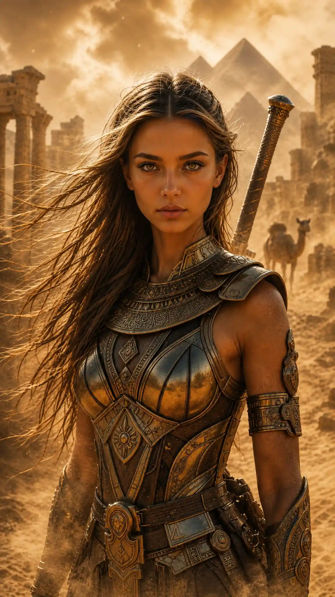 Desert warrior woman in armor facing a rising sandstorm