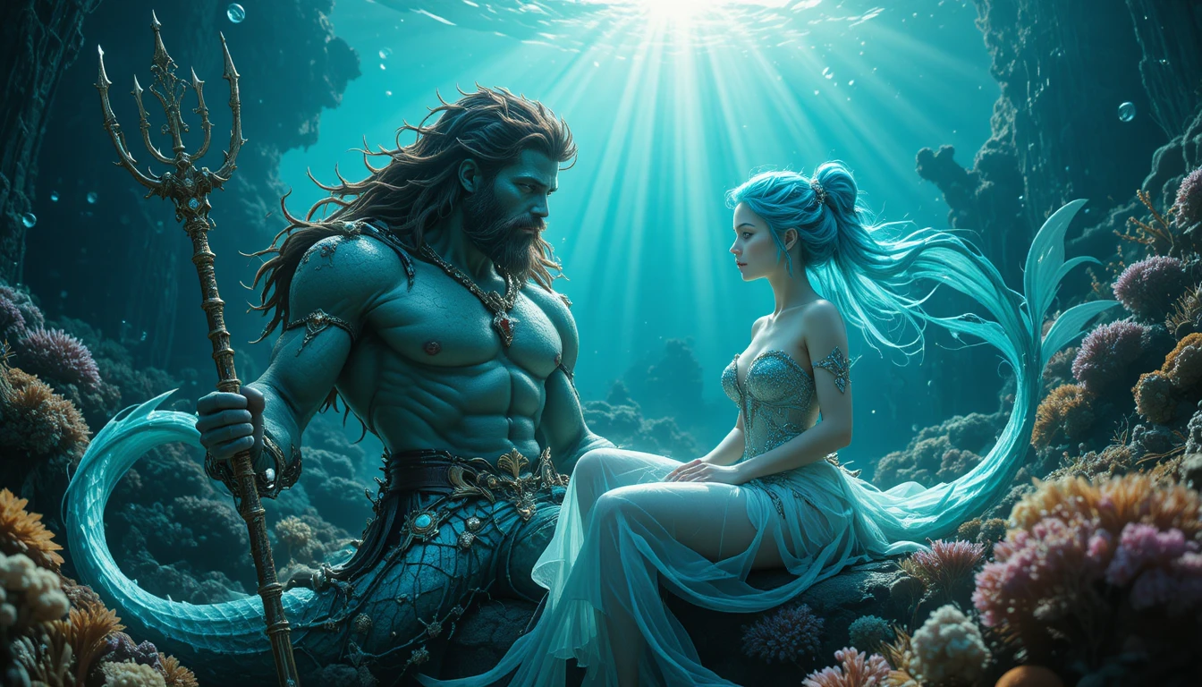Fantasy merman and mermaid in glowing coral reef scene