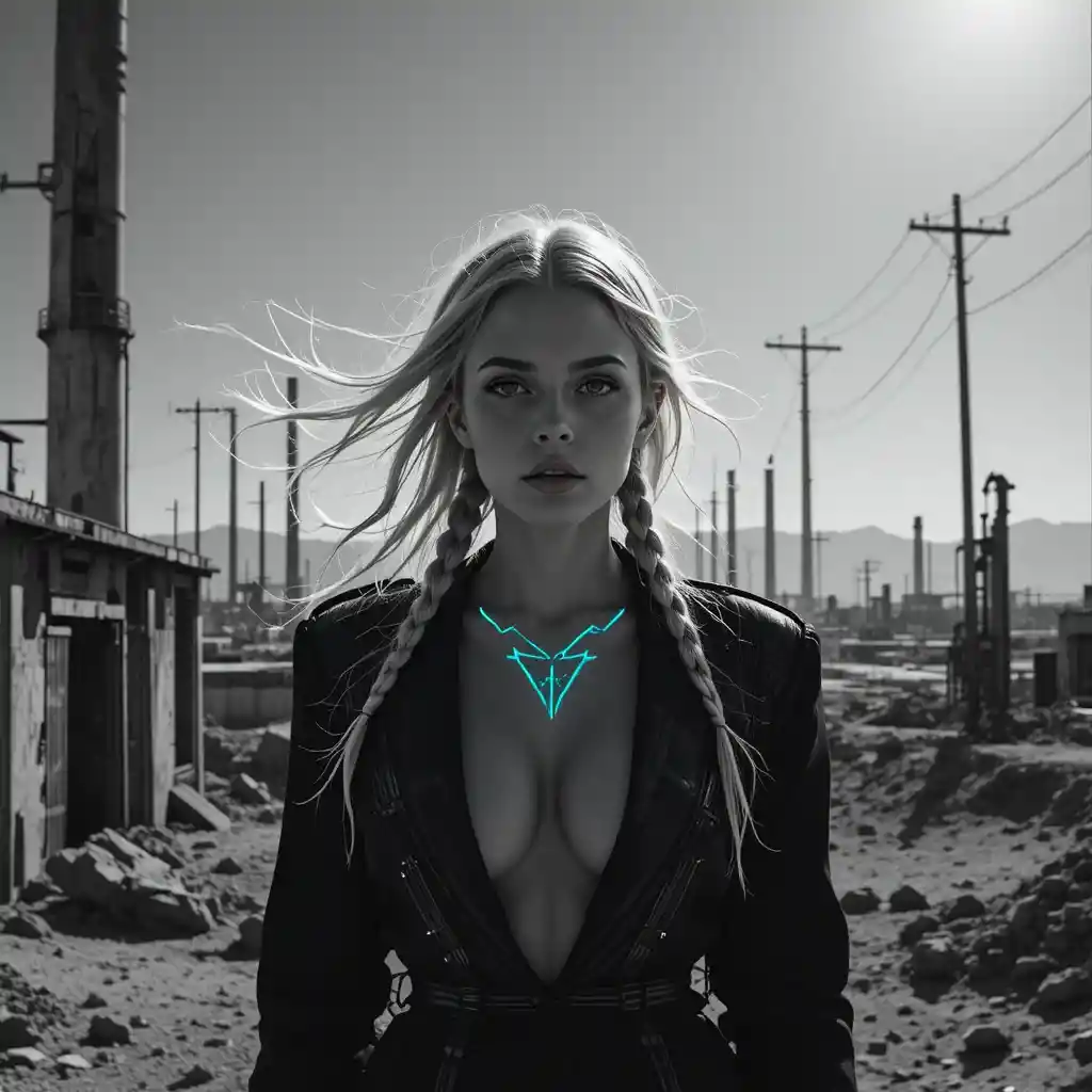 Noir cyberpunk woman in ruins of industrial desert facility