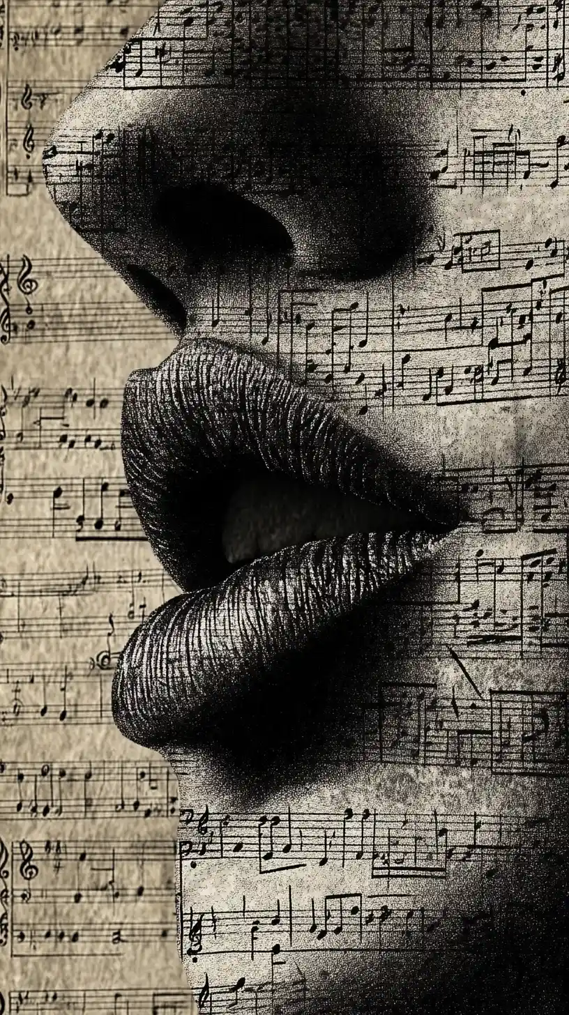 Surreal mouth stitched with musical notation and stippled dots