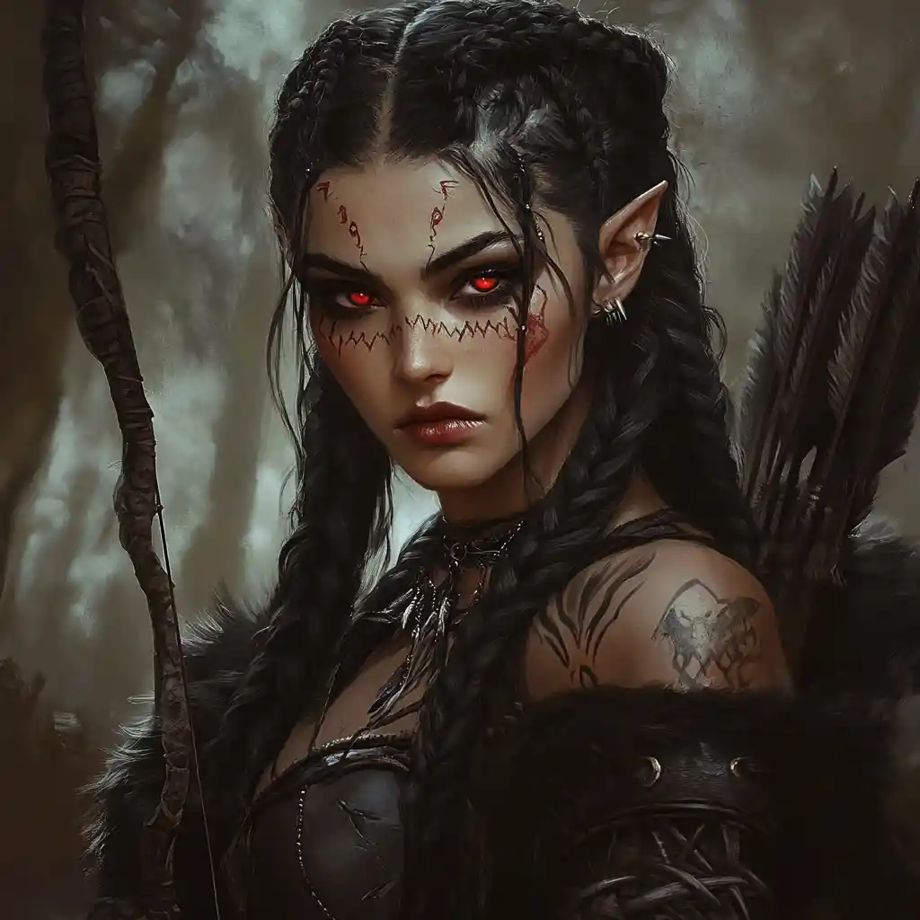 Half orc huntress archer with black braids and red eyes