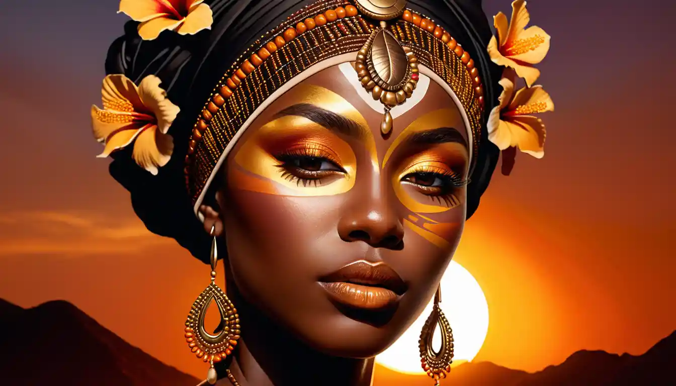 Regal Black woman in jeweled headwrap with golden face adornment