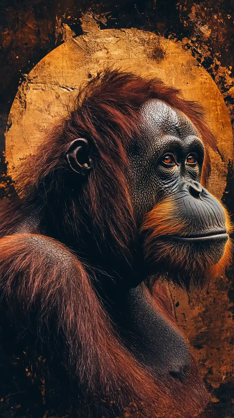 Orangutan profile with symbolic circular halo and soft gaze