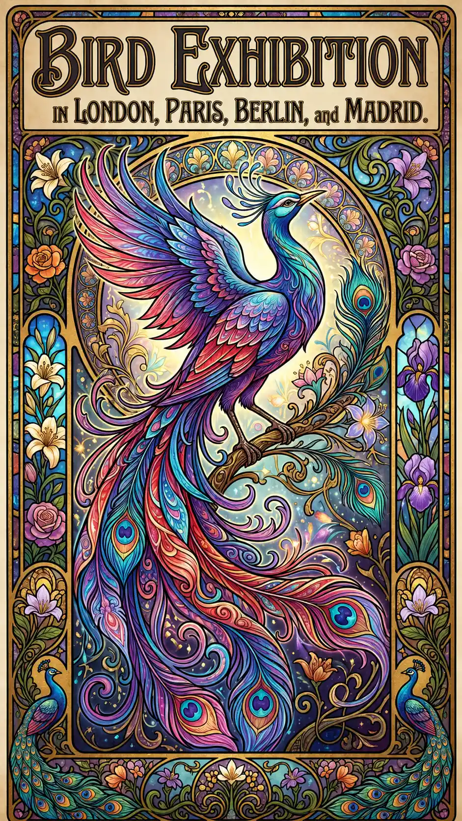 Art nouveau bird of paradise poster with ornate borders