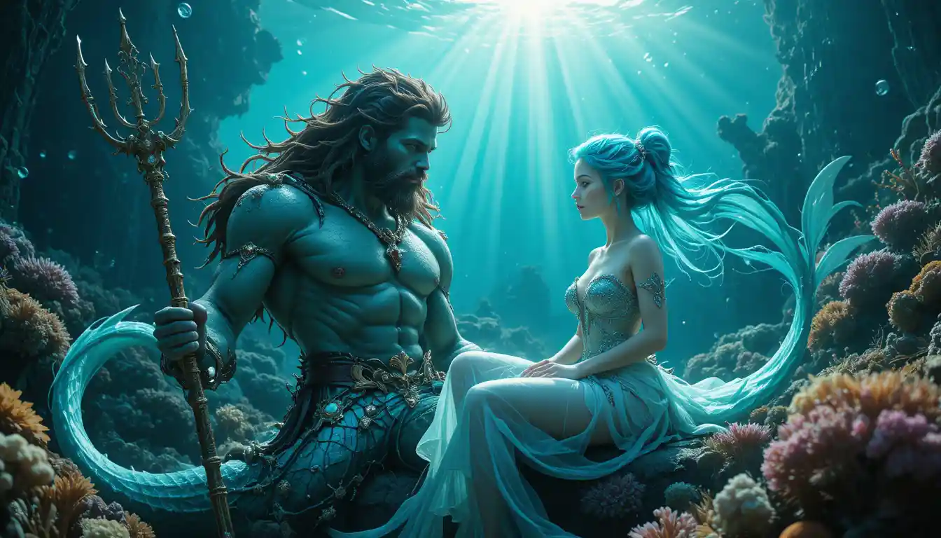Fantasy merman and mermaid in glowing coral reef scene