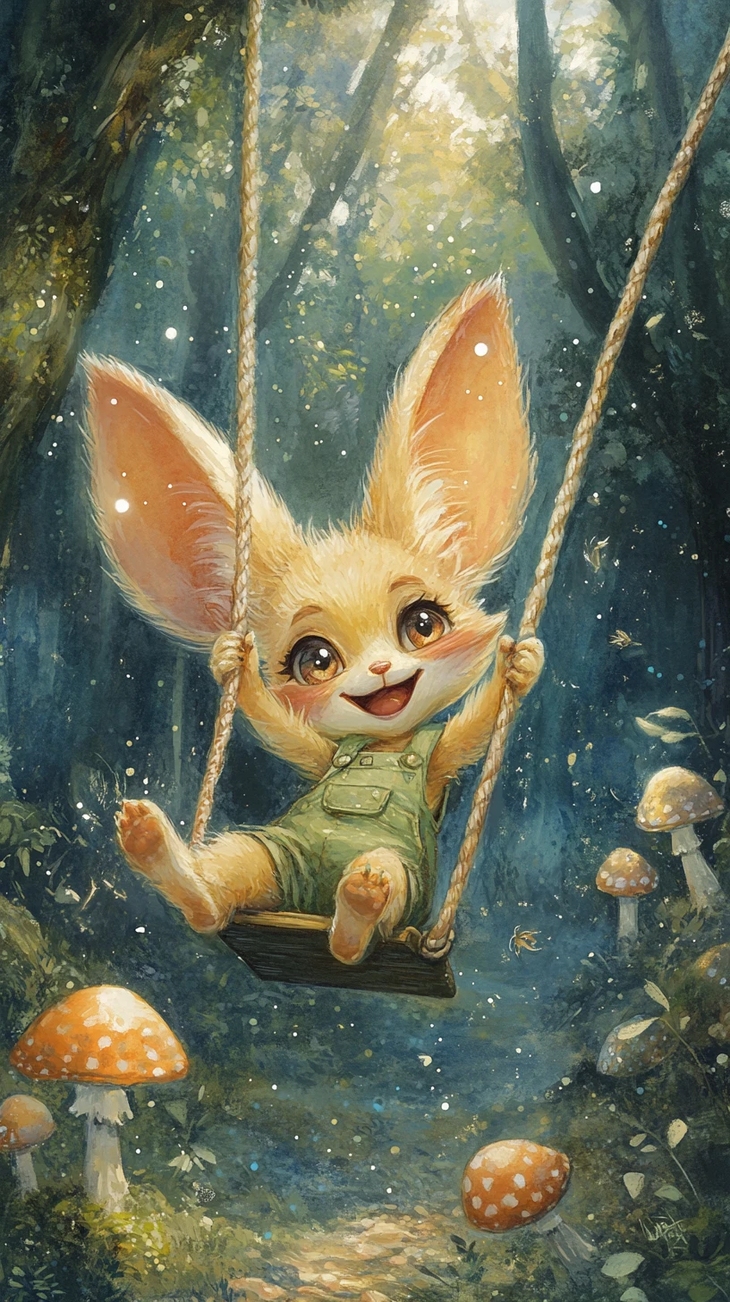 Joyful fennec fox on a rope swing in enchanted forest