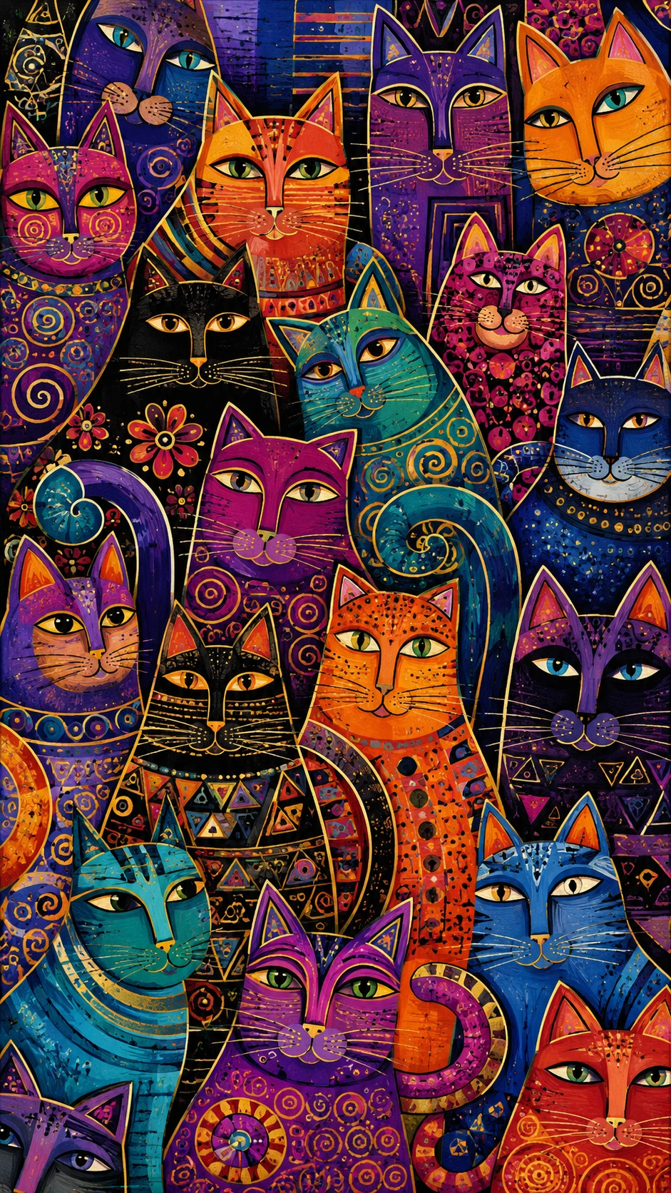 Teselado colorido de gatos fantásticos con patrones caprichosos