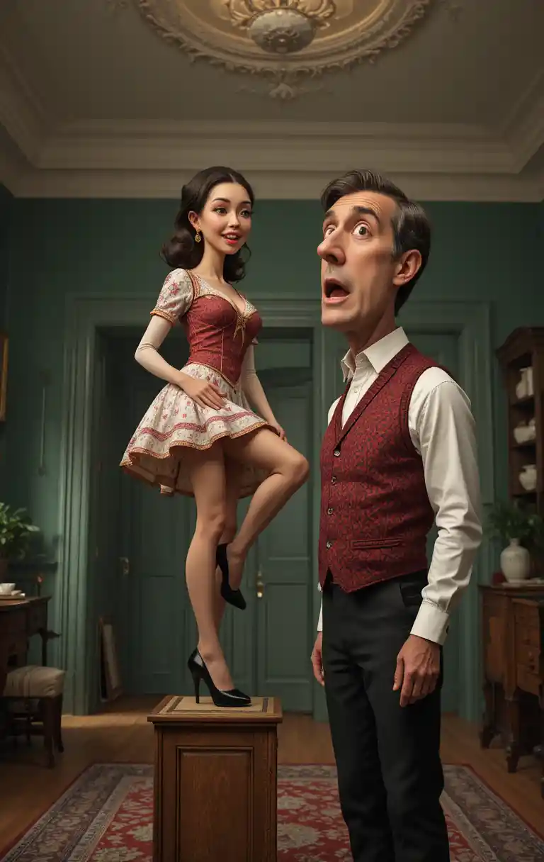 Surprised middle aged man looking up in a cinematic interior