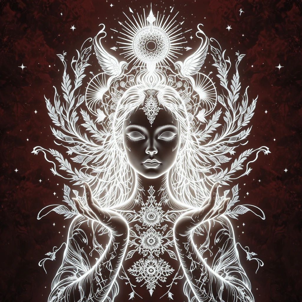 Symmetrical demoness portrait in glowing sacred line art