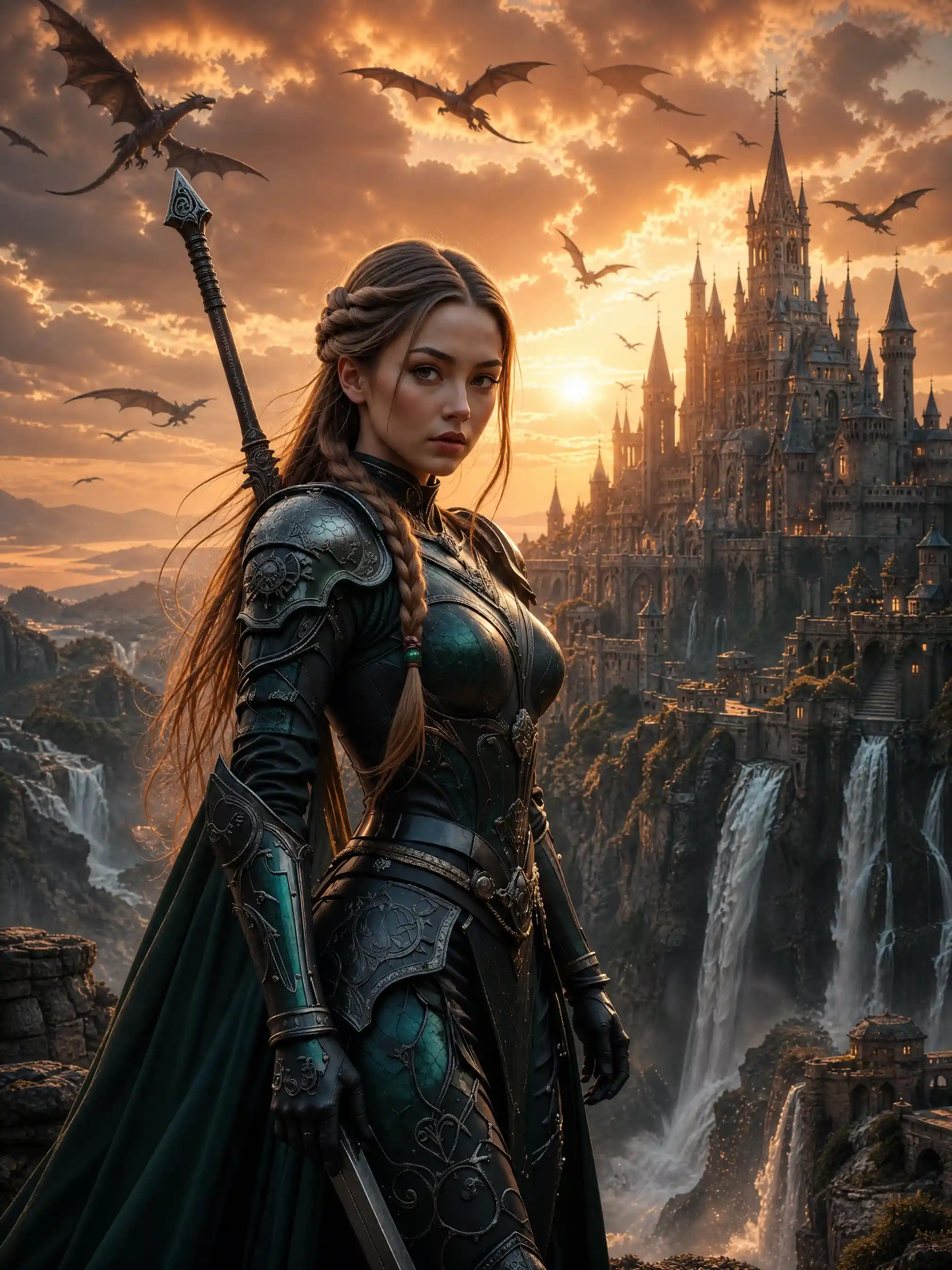 Female warrior before a distant castle at sunset
